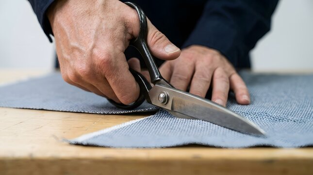 Artisan cuts a piece of textured grey denim fabric with large metal tailoring shears on a worn wooden workbench.