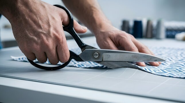Seamstress uses heavy-duty metal scissors to carefully trim a patterned blue fabric on a clean cutting mat.