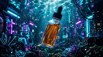 Naklejka premium Glowing Dropper Bottle Floating in Neon Cyberpunk Garden