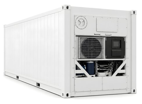 Reefer Container Machinery Unit with Vents and Blank Digital Display on White Refrigerated Container Equipment