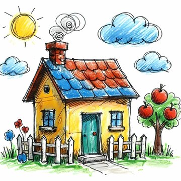 A funny scene drawn with shaky, child‑like lines, featuring a house with a wobbly chimney and a crooked door, Ai generated image