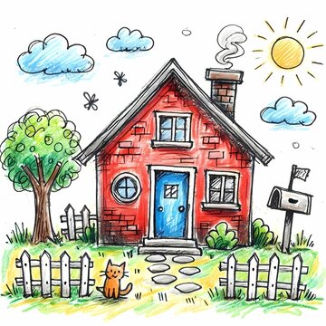 A funny scene drawn with shaky, child‑like lines, featuring a house with a wobbly chimney and a crooked door, Ai generated image