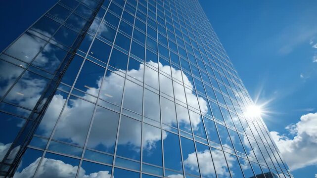 Cinematic low angle view of a contemporary glass high rise building reflecting moving clouds against a blue sky