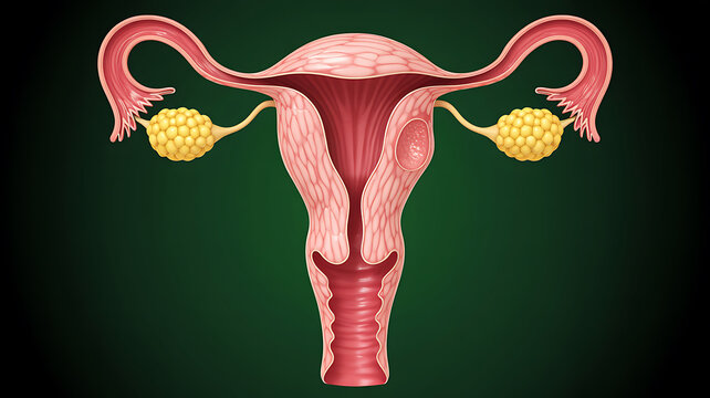 Of the female reproductive system showing uterus ovaries fallopian tubes and a fibroid tumor on