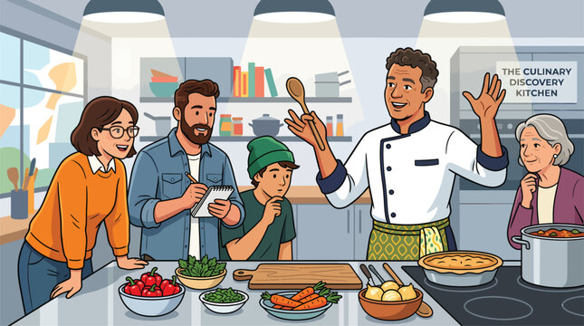 Family Cooking Class in Modern Kitchen with Chef Demonstrating Recipe, Culinary Education and Healthy Eating Lifestyle