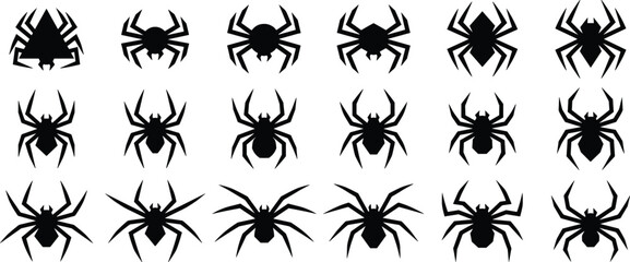 Obraz premium Set of eighteen geometric black spider silhouettes for Halloween graphic design and creative animal logo icons