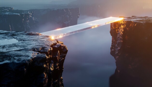 Luminous glass bridge connecting two steep cliff edges over a misty dark canyon. Conceptual 3D render for connection, trust, overcoming gap, innovation, risk taking, and transition