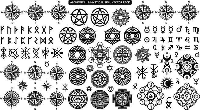 Alchemical and Mystical Sigil Vector Pack Featuring Sacred Geometry Runes Compass and Esoteric Symbols