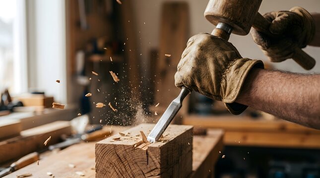 Carpenter strikes a steel chisel with a wooden mallet to shape a grain-rich block of oak on a cluttered table.