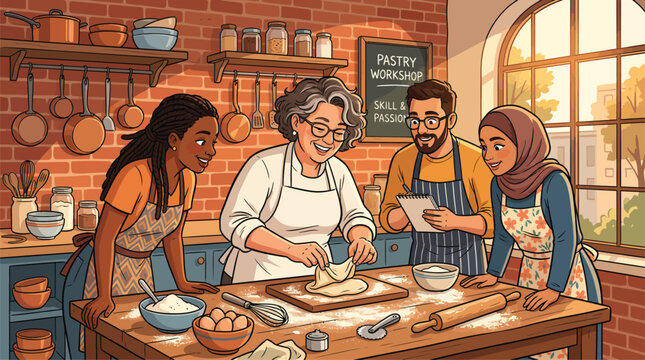 Diverse Group Learning Baking Skills in a Cozy Kitchen Workshop, Skill Development and Culinary Education