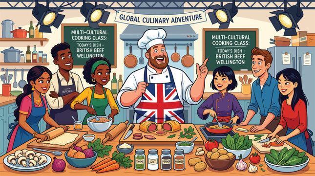 Diverse group learns to cook British Beef Wellington in multicultural culinary class with chef