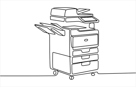 Continuous single line drawing of an office printer machine for document copying and scanning in a minimalist modern style for business workplace illustration
