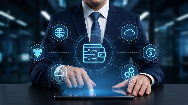 Businessman using tablet with digital wallet concept icon on virtual interface