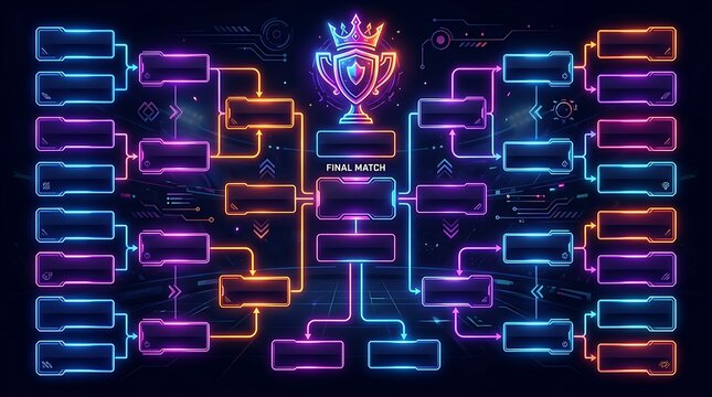 Neon esports tournament bracket with futuristic trophy design