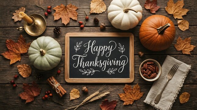 A festive rustic wooden background with pumpkins and autumn leaves celebrating happy halloween and thanksgiving holidays with a chalkboard sign