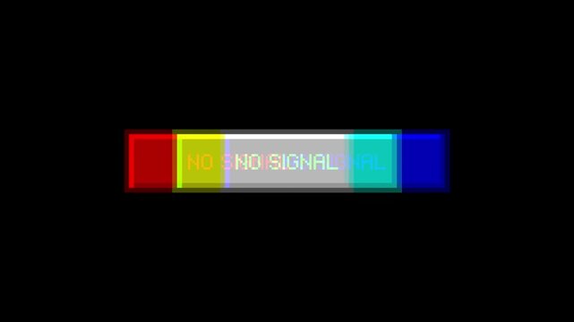 Graphical representation of television signal loss, displaying 'no signal' text within vibrant color test bars on a dark screen, indicating broadcast interruption