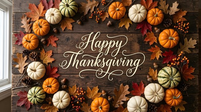 A festive rustic wooden background featuring a wreath of colorful autumn pumpkins and fall leaves celebrating happy halloween and thanksgiving
