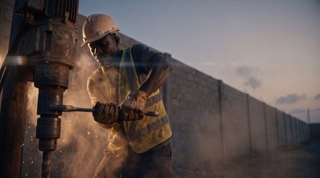 Construction worker operating a heavy industrial drill machine at a dusty construction site