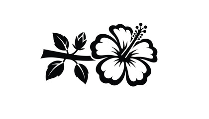 Fototapeta premium Black stencil silhouette of a hibiscus flower with leaves and a small bud on a branch on a white background.