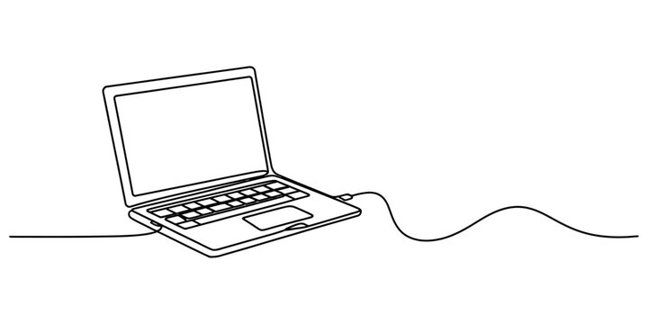 Continuous single line drawing of an open laptop computer with a charging cable connected to the side for modern business and technology communication Vector, illustration