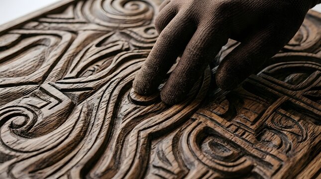 Wood carver fingers in textured brown gloves explore the delicate, flowing lines of a hand-sculpted wooden surface illuminated by soft directional light.