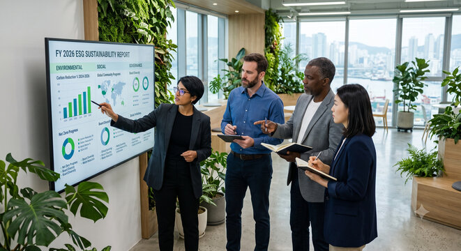 Diverse corporate executives analyzing ESG sustainability report on digital screen.