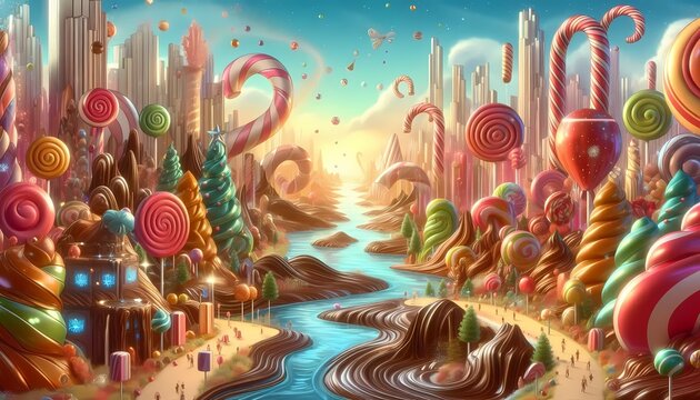 A surreal drawing of chocolate rivers and candy‑cane architecture, with tiny figures exploring, in a bright fantasy land, Ai generated image