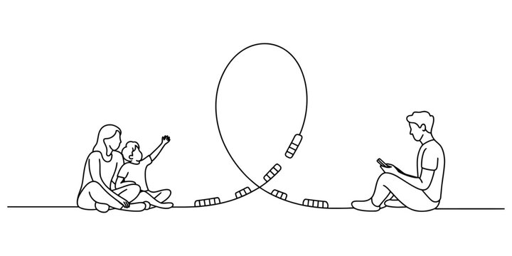 Continuous line drawing of a mother and child looking at a roller coaster while a man sits nearby using his mobile phone to illustrate modern family life Vector, illustration