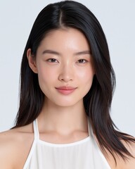 Fototapeta premium Portrait Of A Young Asian Woman With Dewy Wet Skin And Natural Makeup Against A Plain White Background