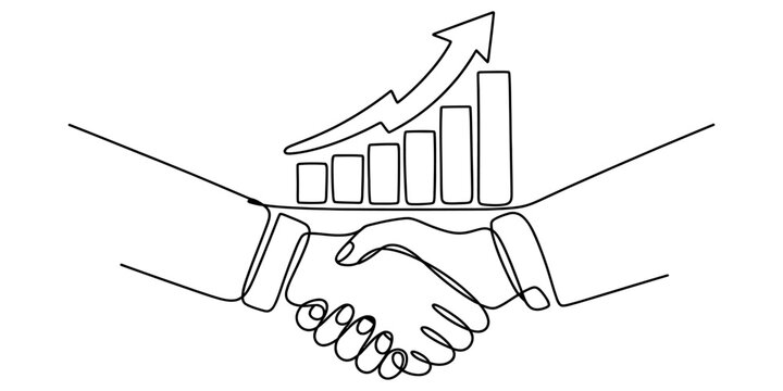 Business handshake with a rising growth bar chart graph symbol drawn in a simple continuous single line art style representing success and partnership Vector, illustration