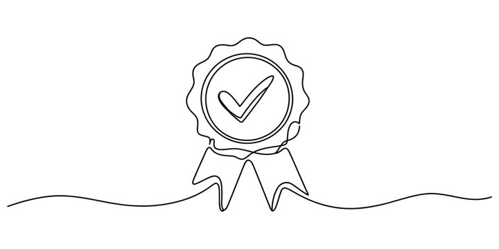 Continuous single line drawing of a quality badge with a check mark symbol representing approval and certification for business and professional services Vector, illustration