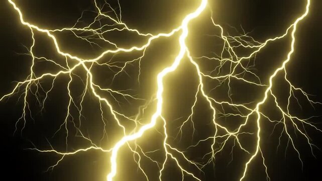 Dynamic yellow lightning bolts flashing across a minimalist black background with electric energy pulses and glowing static patterns