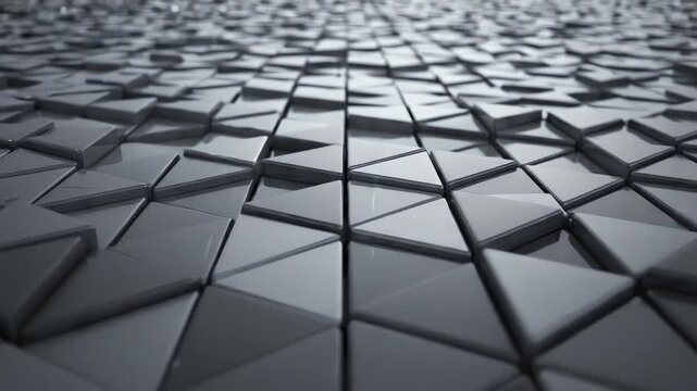 Elegant 3D geometric abstract background featuring shifting gray triangles with subtle light reflections and smooth camera motion