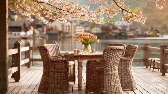 Paris, France, Europe. A vivid outdoor scene depicts a serene lakeside setting. A wooden deck features a table set with four wicker chairs, each with a unique design.