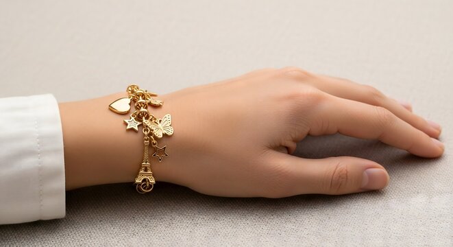 Elegant gold charm bracelet adorned with lovely trinkets on wrist