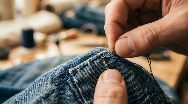 Craftsman fingers carefully maneuver a metal needle to mend a frayed blue denim edge in a rustic studio.