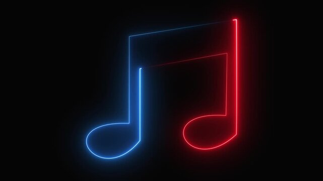 Neon red and blue color music icon animation video. Musical note icons. Abstract neon glowing double musical note icon animation. Music symbol neon.Abstract neon music notes 4k animation.