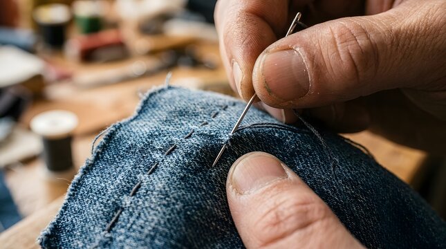 Tailor hand meticulously stitches a rugged denim patch using a sharp steel needle in a brightly lit workshop.