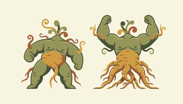 Playful illustration of two muscular ginseng root characters posing with strong arms on a light beige background.