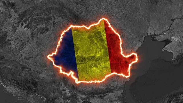Romania Map Highlight with Glowing Border and Text on Black and White World Map