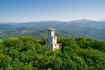 Fototapeta premium Historic observation tower on forested mountain peak overlooking expansive green landscape