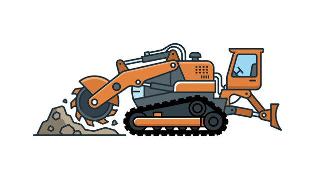 Industrial crawler trencher machine digging rocky ground.
