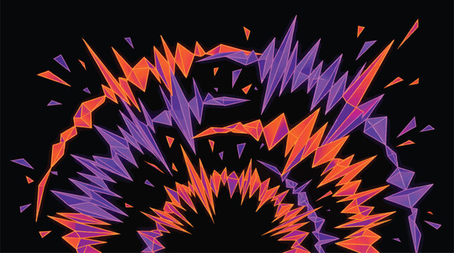 Abstract Geometric Burst of Vibrant Orange and Purple Shapes Exploding Outward on Black Background - Modern Digital Art