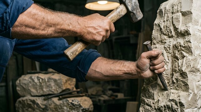 Stonemason carefully strikes a metal chisel into a rough block of limestone using a heavy steel hammer within a dimly lit workshop, creating fine dust particles.