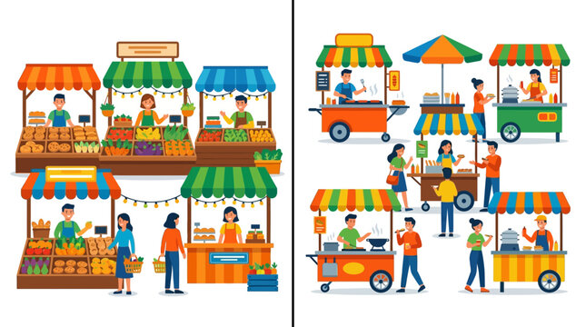 Flat vector illustration of street market stalls with vendors and customers