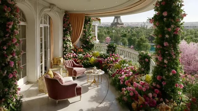 Paris, France, Europe. A vivid, highresolution photograph of a luxurious balcony overlooking the Eiffel Tower in Paris, France. The balcony is adorned with a variety of colorful flowers.