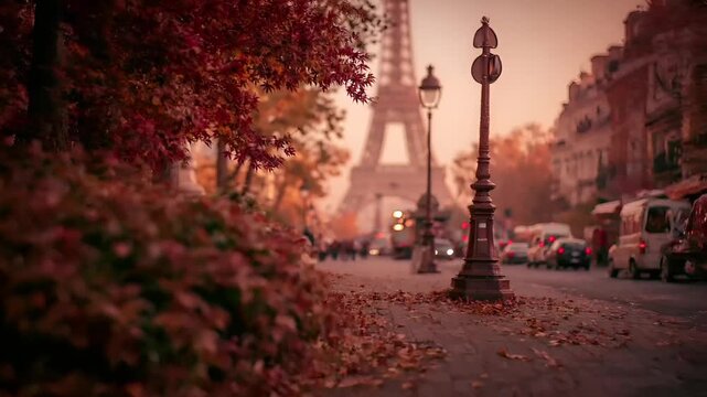 Paris, France, Europe. A vivid portrayal of a Parisian street scene during autumn. The Eiffel Tower stands tall in the background, bathed in a warm, golden light.