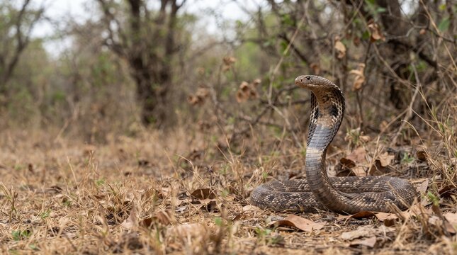 Indian cobra snake with hood spread in defensive posture on dry grass and leaves in the wild forest nature habitat