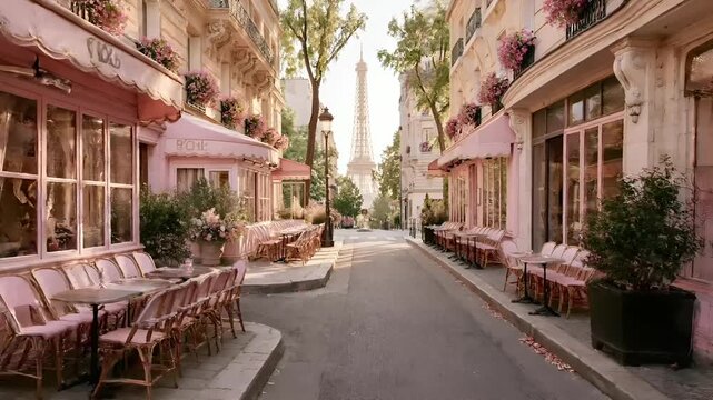 Paris, France, Europe. A vivid portrayal of a Parisian street scene, with the iconic Eiffel Tower in the background. The main subject is a quaint street lined with ornate buildings.