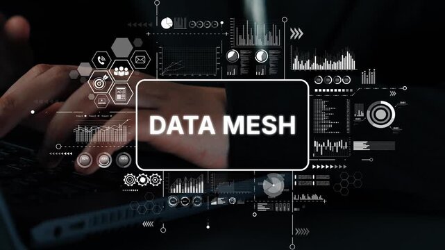 Hands on Keyboard with Data Mesh Concept Depicted in a Modern Digital Workspace with Graphical Elements. Asymptotic smart data analytic.